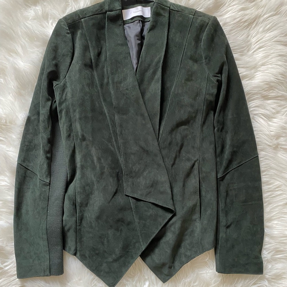 T Tahari Jaimee Ivy Green Olive Suede Leather Jacket Small